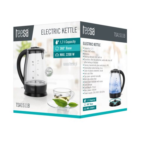 Czajnik elektryczny TEESA, szklany, 2200 W, czarny, 1,7 L Czajnik elektryczny TEESA, szklany, 2200 W, czarny, 1,7 L