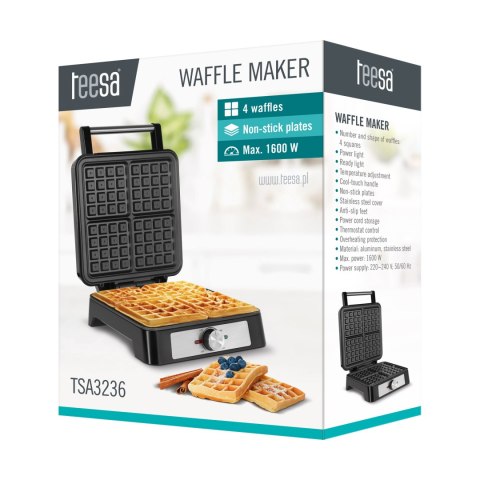 Gofrownica TEESA , 4 gofry, 1600W, inox , regulacja mocy Gofrownica TEESA , 4 gofry, 1600W, inox , regulacja mocy