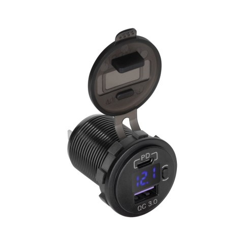 Ładowarka samochodowa USB+USB typu C z funkcją Quick Charge, Power Delivery i miernikiem napięcia 48W Ładowarka samochodowa USB+USB typu C z funkcją Quick Charge, Power Delivery i miernikiem napięcia 48W