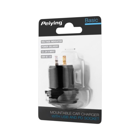 Ładowarka samochodowa USB+USB typu C z funkcją Quick Charge, Power Delivery i miernikiem napięcia 48W Ładowarka samochodowa USB+USB typu C z funkcją Quick Charge, Power Delivery i miernikiem napięcia 48W