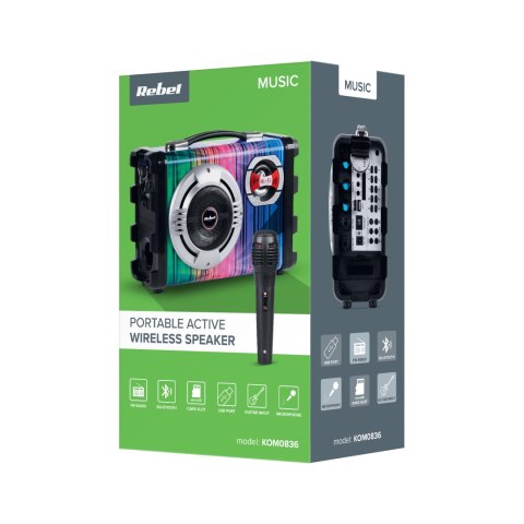 Mały przenośny aktywny zestaw głośnikowy marki REBEL z funkcją MP3, Bluetooth, radio FM oraz funkcją Karaoke Mały przenośny aktywny zestaw głośnikowy marki REBEL z funkcją MP3, Bluetooth, radio FM oraz funkcją Karaoke