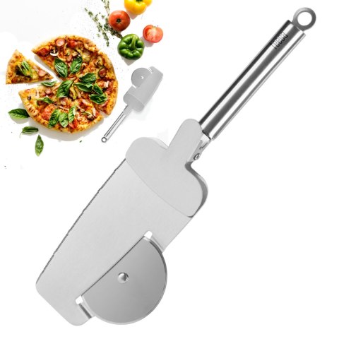 Nóż do pizzy z tarczą tnącą, zębami tnącymi brzegi oraz łopatką z zaciskiem Nóż do pizzy z tarczą tnącą, zębami tnącymi brzegi oraz łopatką z zaciskiem