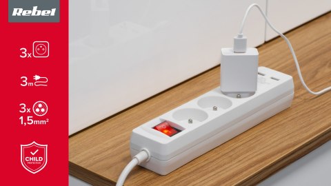 Przedłużacz sieciowy Rebel 3 gniazda + 2 gniazda USB, z wyłącznikiem - 3m Przedłużacz sieciowy Rebel 3 gniazda + 2 gniazda USB, z wyłącznikiem - 3m