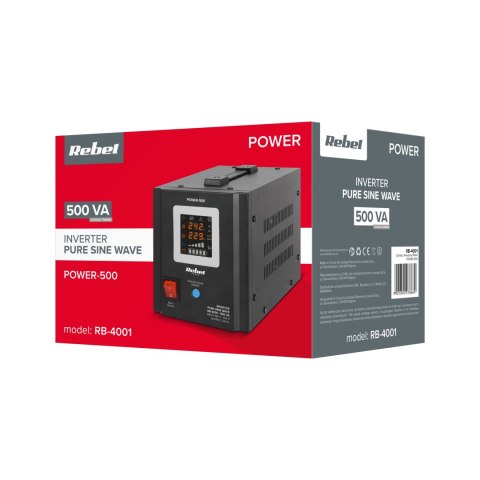 Zasilacz Awaryjny Rebel POWER-500 - przetwornica z czystym przebiegiem sinusoidalnym i funkcją ładowania 12V 230V 500VA/300W Zasilacz Awaryjny Rebel POWER-500 - przetwornica z czystym przebiegiem sinusoidalnym i funkcją ładowania 12V 230V 500VA/300W