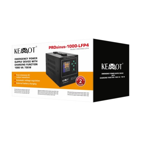 Zasilacz awaryjny KEMOT PROsinus-1000-LFP4 przetwornica z czystym przebiegiem sinusoidalnym i funkcją ładowania 12V 230V 1000VA/ Zasilacz awaryjny KEMOT PROsinus-1000-LFP4 przetwornica z czystym przebiegiem sinusoidalnym i funkcją ładowania 12V 230V 1000VA/