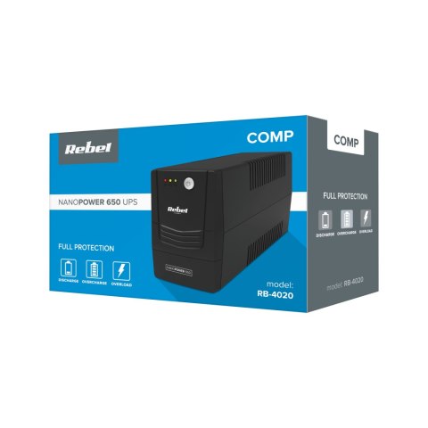Zasilacz awaryjny komputerowy UPS REBEL model Nanopower 650 ( offline, 650VA / 360W , 230 V , 50Hz ) Zasilacz awaryjny komputerowy UPS REBEL model Nanopower 650 ( offline, 650VA / 360W , 230 V , 50Hz )