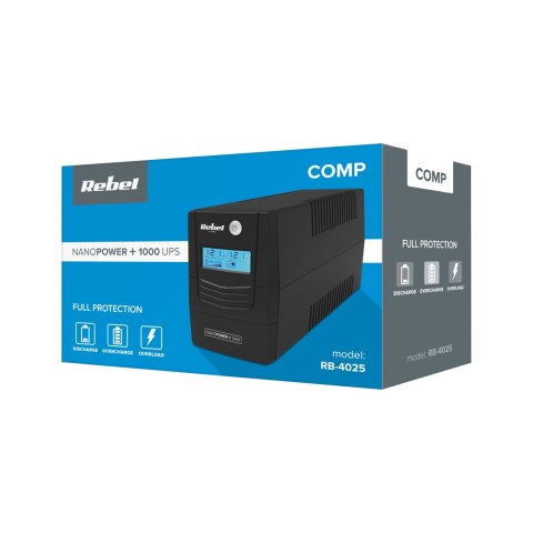 Zasilacz awaryjny komputerowy UPS REBEL model Nanopower Plus 1000 ( offline, 1000VA / 600W , 230 V , 50Hz , LCD , USB , RJ45 ) Zasilacz awaryjny komputerowy UPS REBEL model Nanopower Plus 1000 ( offline, 1000VA / 600W , 230 V , 50Hz , LCD , USB , RJ45 )