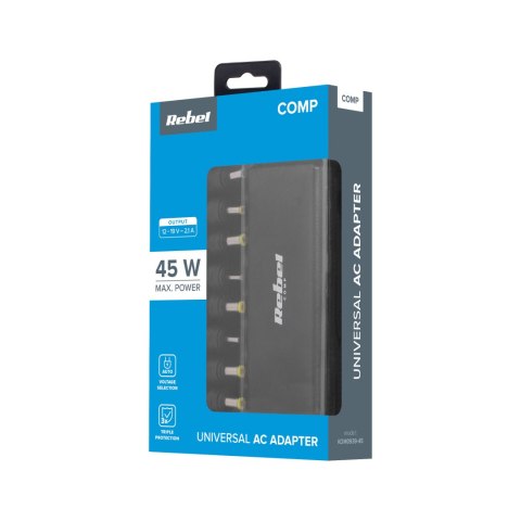 Zasilacz uniwersalny Rebel 10 końcówek 45 W 12-19.5 V automatyczny Zasilacz uniwersalny Rebel 10 końcówek 45 W 12-19.5 V automatyczny