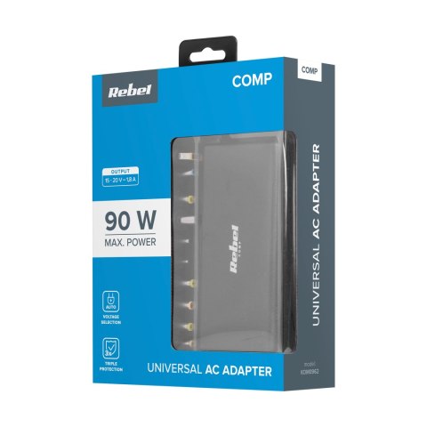Zasilacz uniwersalny Rebel 12 końcówek 90 W 15-20 V automatyczny z funkcją Power Delivery Zasilacz uniwersalny Rebel 12 końcówek 90 W 15-20 V automatyczny z funkcją Power Delivery