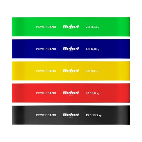 Zestaw gum do ćwiczeń lateksowy - Mini Band L, 2.3-18.2 kg, 5 gum, kolorowy, REBEL ACTIVE Zestaw gum do ćwiczeń lateksowy - Mini Band L, 2.3-18.2 kg, 5 gum, kolorowy, REBEL ACTIVE
