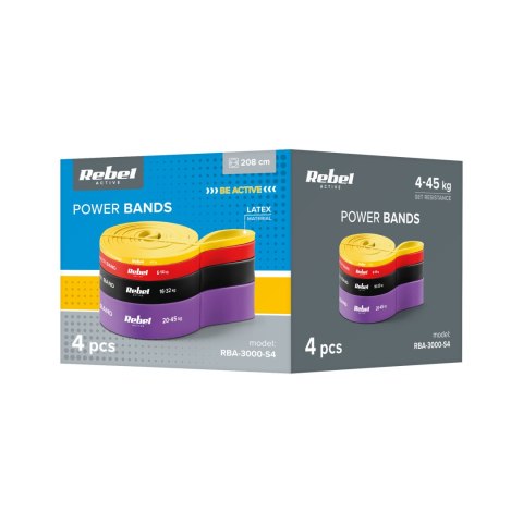 Zestaw gum do ćwiczeń lateksowy - Power Band PLs-2, 4-45 kg, 4 gumy, REBEL ACTIVE Zestaw gum do ćwiczeń lateksowy - Power Band PLs-2, 4-45 kg, 4 gumy, REBEL ACTIVE