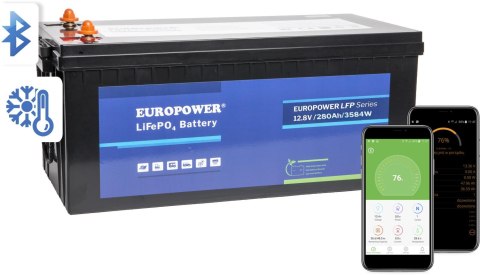 Akumulator LiFePO4 EUROPOWER serii LFP 12,8V 280Ah Bluetooth, mata grzewcza (Żywotność ~2000 cykli) Akumulator LiFePO4 EUROPOWER serii LFP 12,8V 280Ah Bluetooth, mata grzewcza (Żywotność ~2000 cykli)